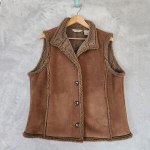 Vintage LL Bean Vest Womens Size Large Faux Suede Sherpa Lined Brown Jacket